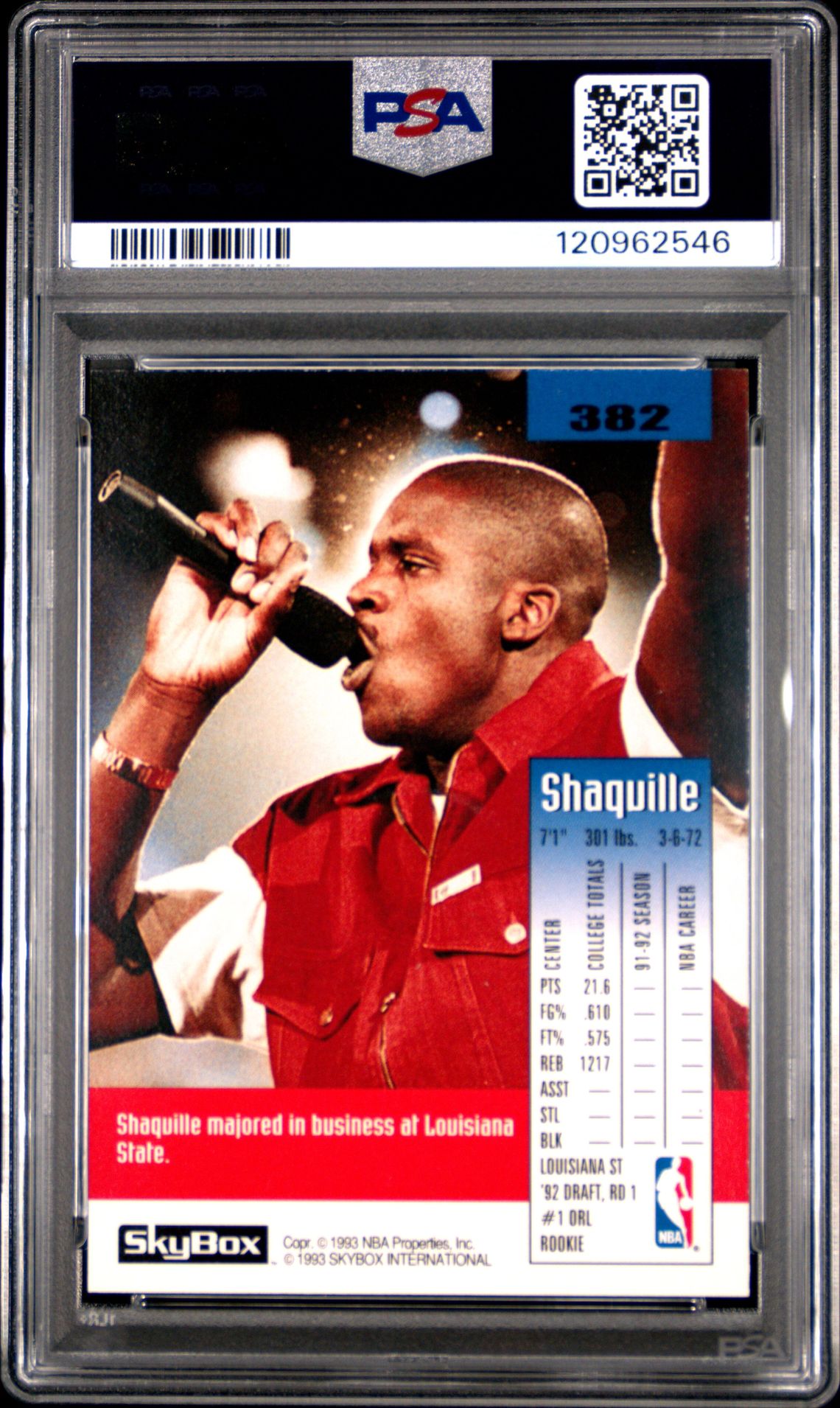 1992 Skybox Shaquille O'neal #382 Nm 7 back