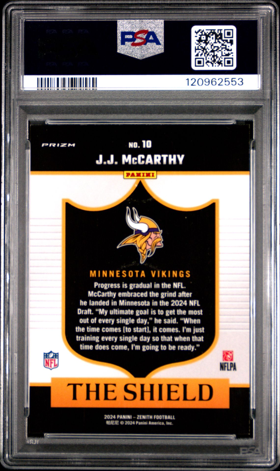 2024 Panini Zenith The Shield Jj Mccarthy #10 Mint 9 back