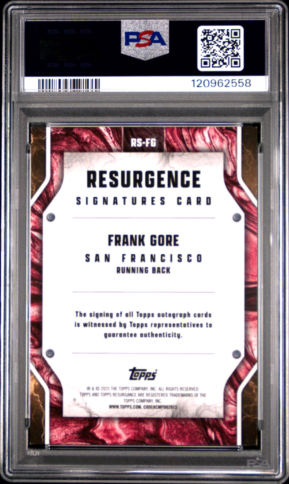 2024 Topps Resurgence Resurgence Signatures Frank Gore #Rsfg Gem Mt 10 back