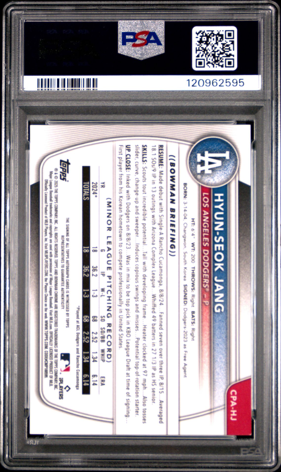 2025 Bowman Chrome Prospect Autographs Hyun-Seok Jang #Cpahj (Chr Pros Au-Hta Choice Ref) Mint 9 back