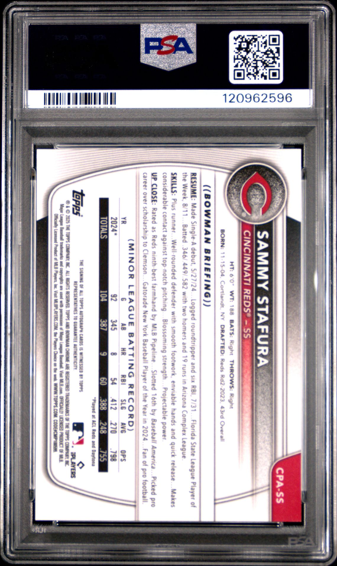 2025 Bowman Chrome Prospect Autographs Sammy Stafura #Cpass (Chr Pros Au-Blue X-Fractor) Mint 9 back