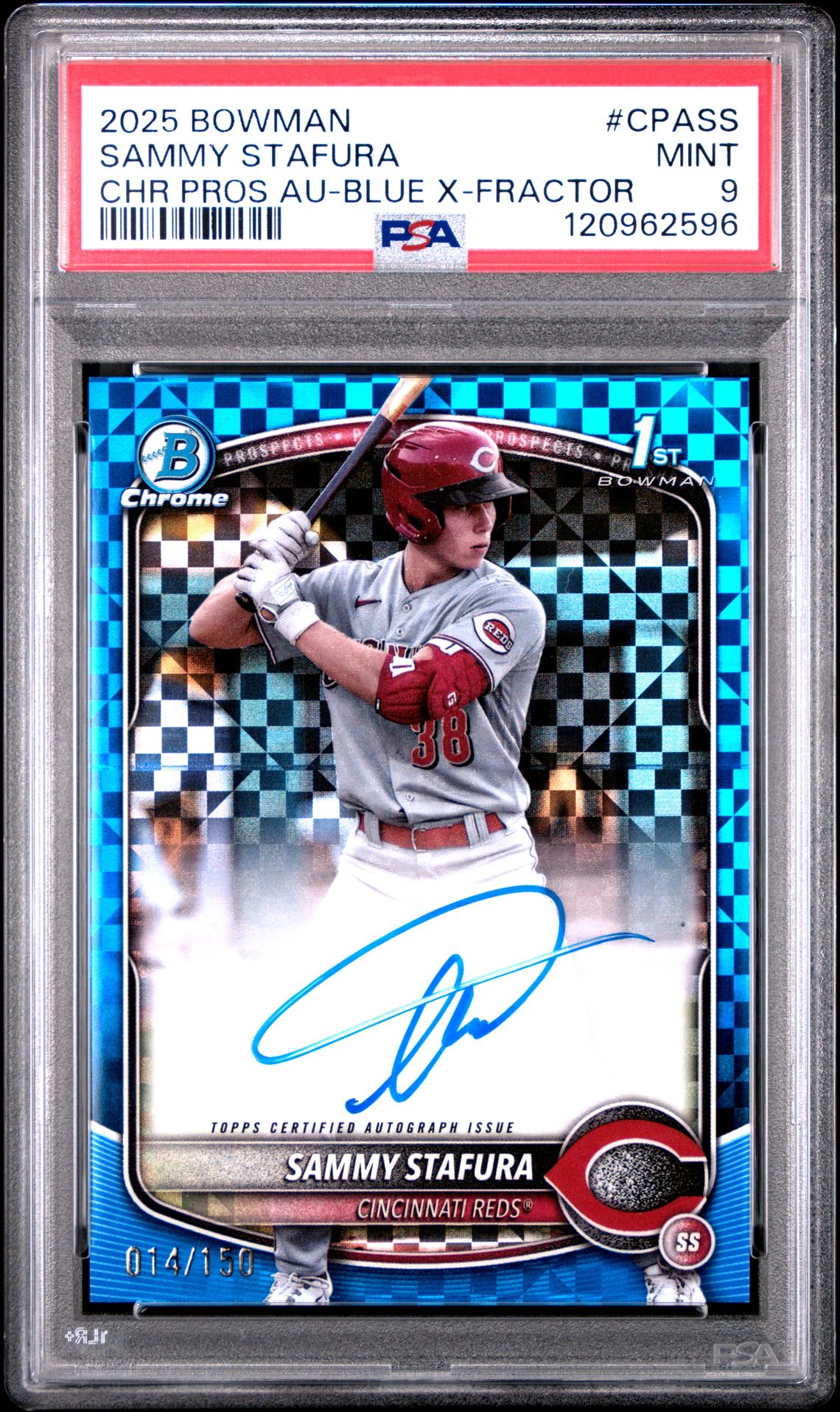 2025 Bowman Chrome Prospect Autographs Sammy Stafura #Cpass (Chr Pros Au-Blue X-Fractor) Mint 9 front