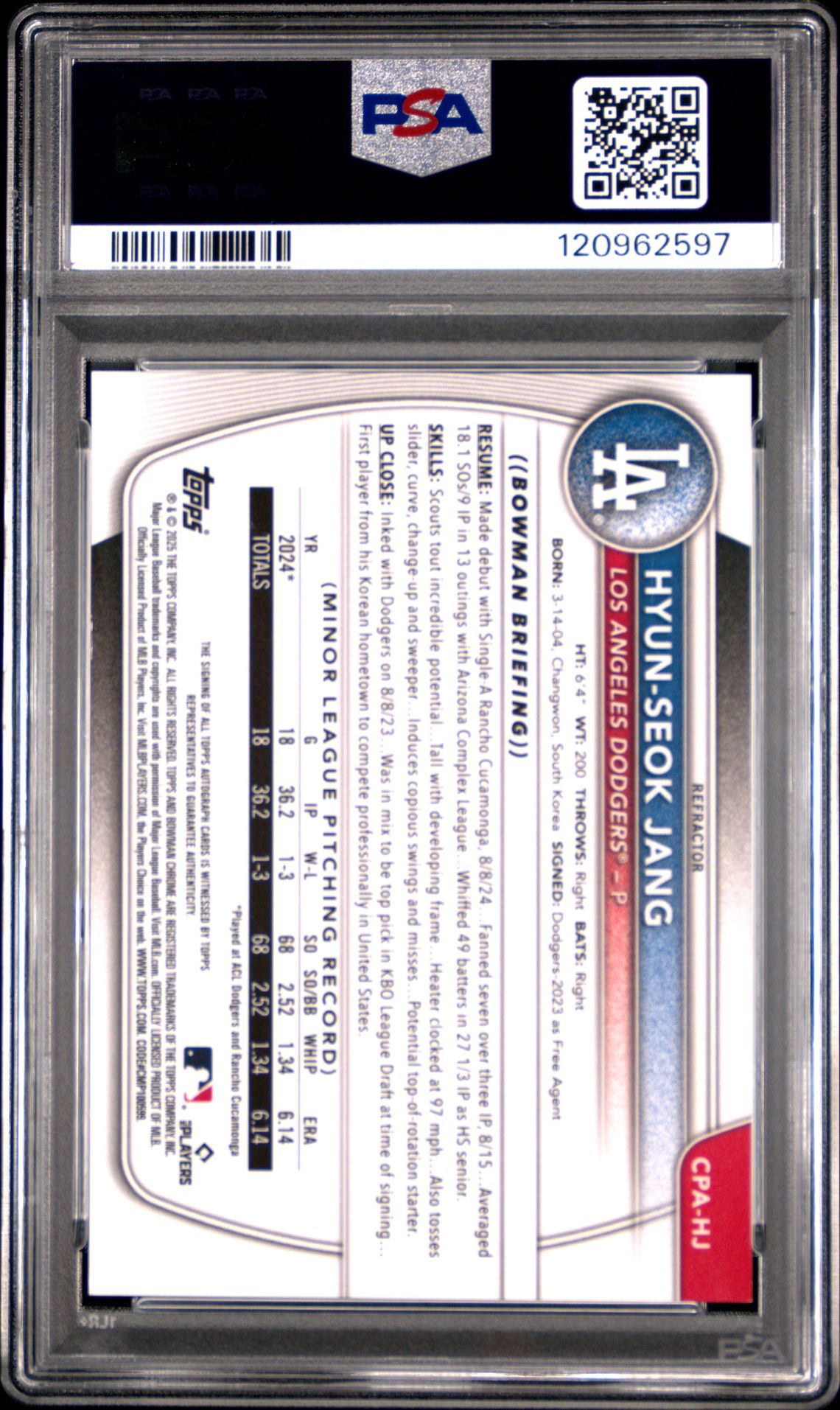 2025 Bowman Chrome Prospect Autographs Hyun-Seok Jang #Cpahj (Chrome Prospect Auto-Ref) Gem Mt 10 back