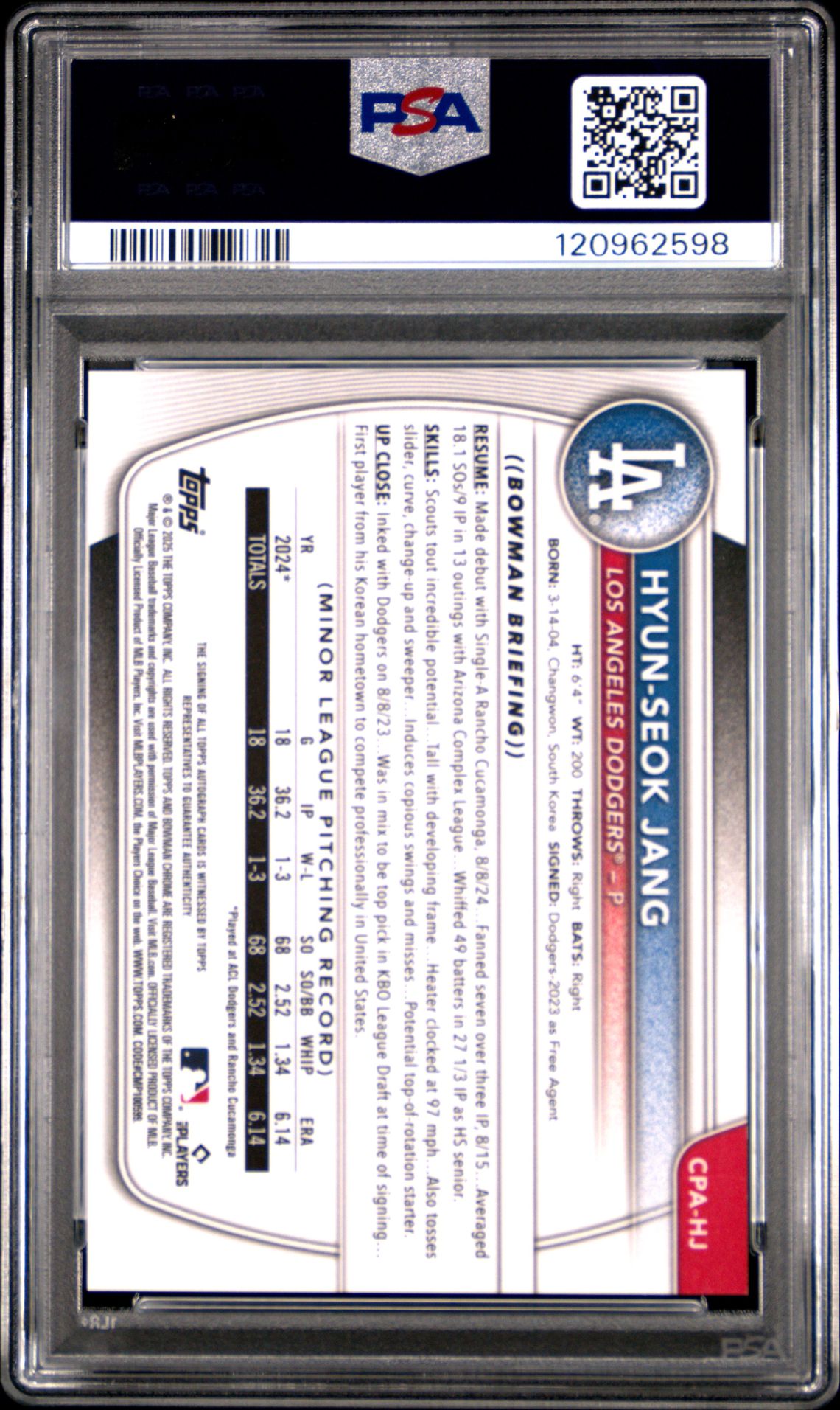 2025 Bowman Chrome Prospect Autographs Hyun-Seok Jang #Cpahj (Chr Prospect Auto-Blue Ref) Gem Mt 10 back