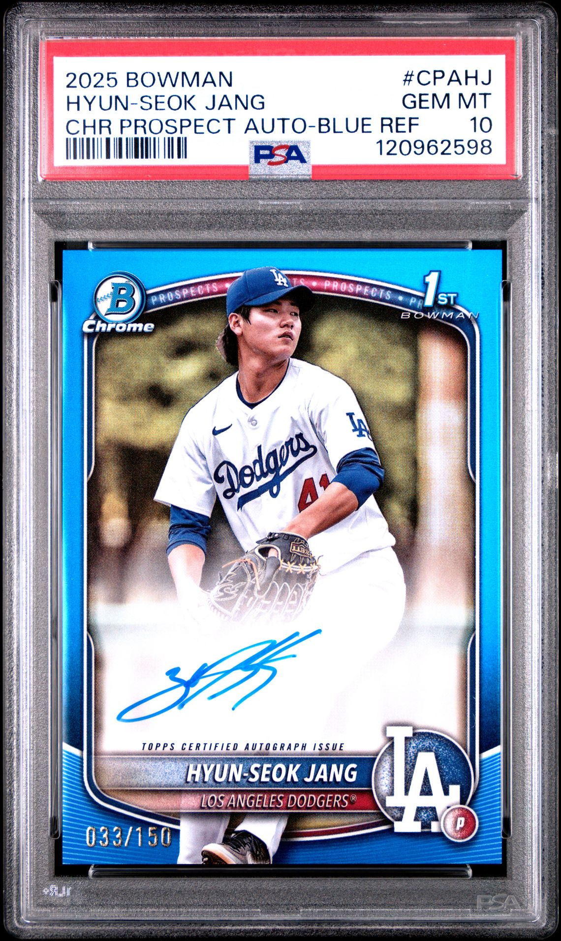 2025 Bowman Chrome Prospect Autographs Hyun-Seok Jang #Cpahj (Chr Prospect Auto-Blue Ref) Gem Mt 10 front
