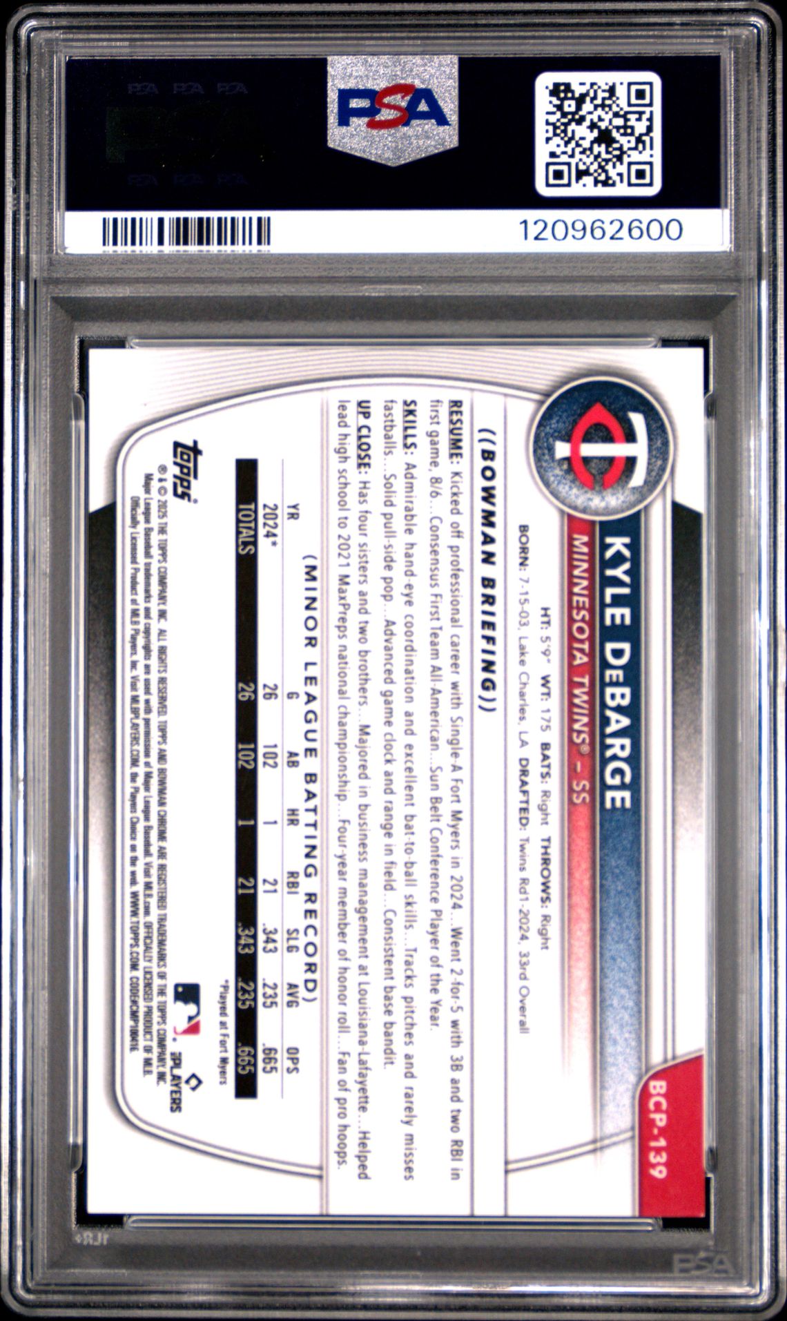 2025 Bowman Chrome Prospects Kyle Debarge #Bcp139 (Chrome Pros-Gold Ref) Mint 9 back