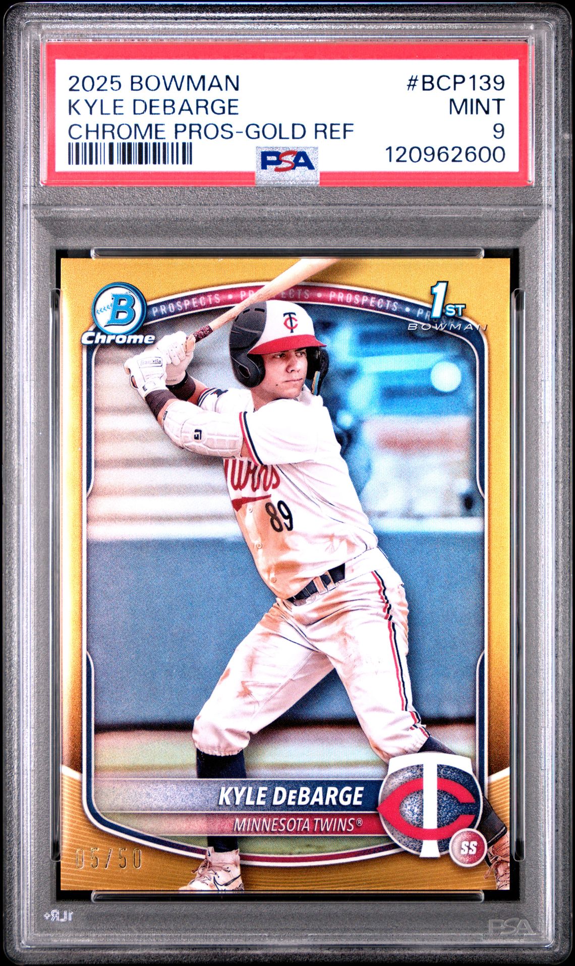 2025 Bowman Chrome Prospects Kyle Debarge #Bcp139 (Chrome Pros-Gold Ref) Mint 9 front