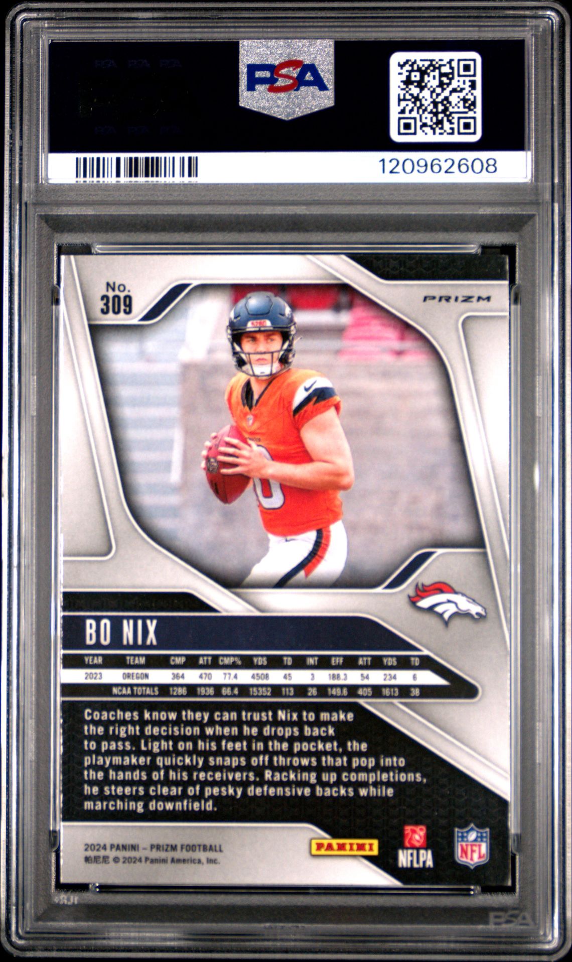 2024 Panini Prizm Bo Nix #309 (Lazer Prizm) Mint 9 back
