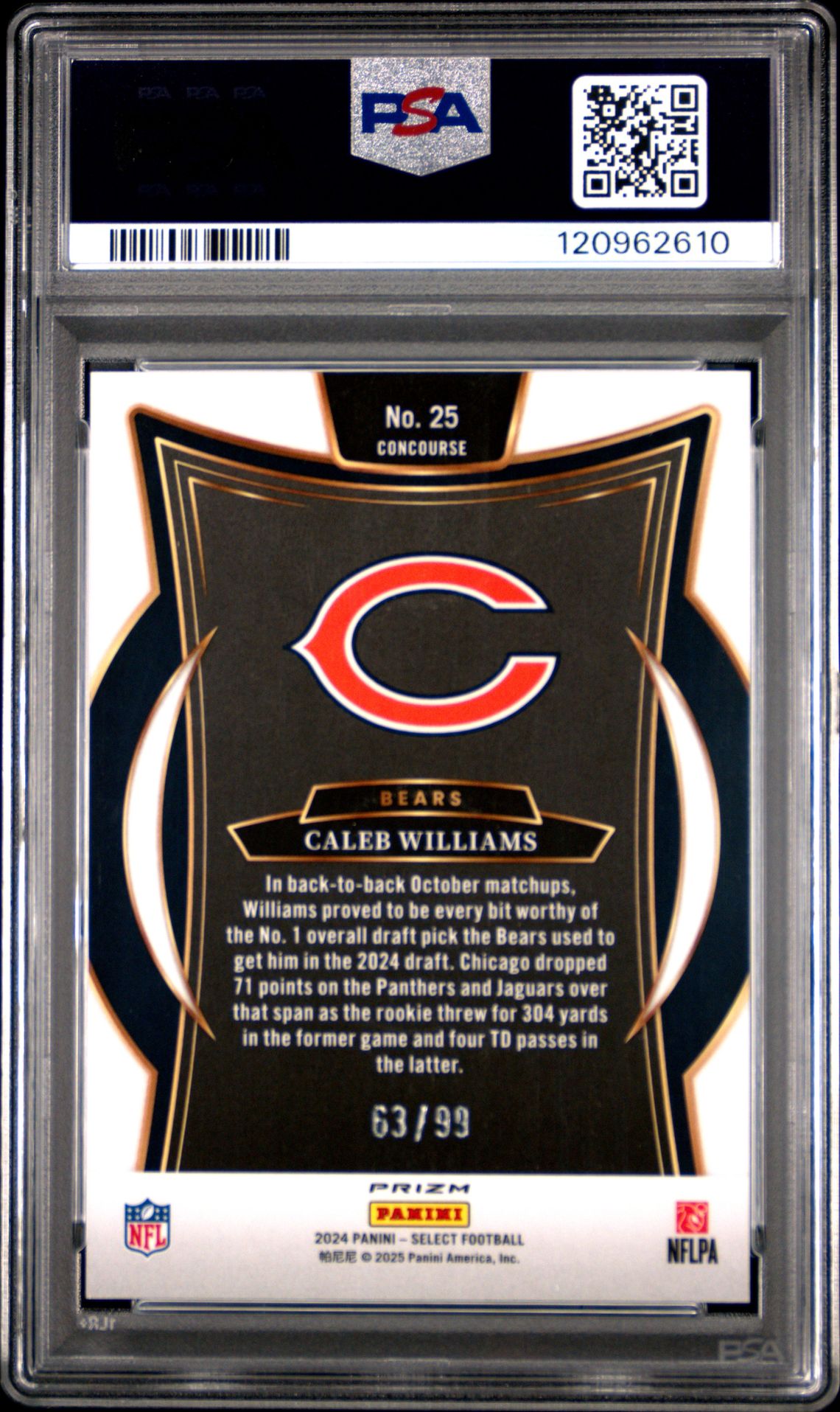 2024 Panini Select Caleb Williams #25 (Red Prizm) Gem Mt 10 back