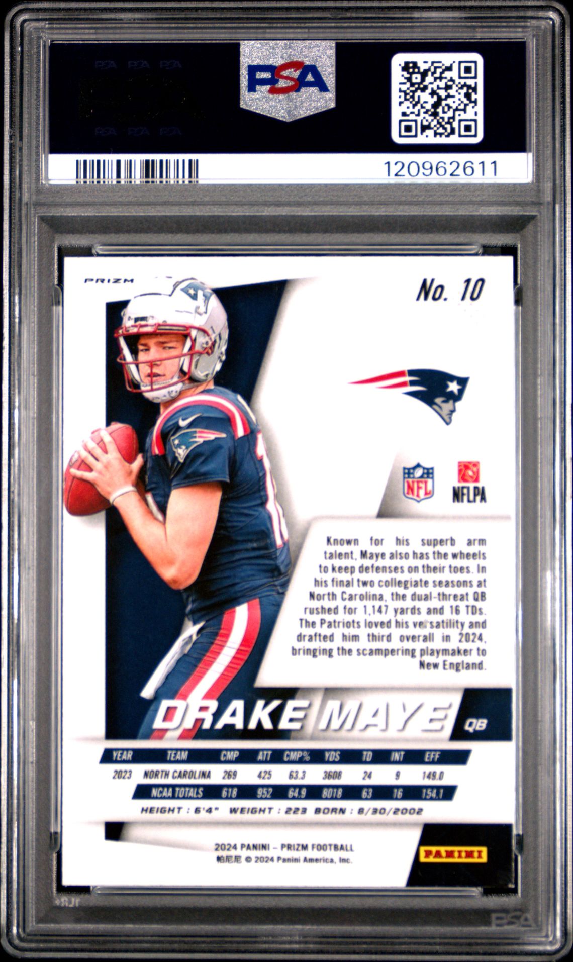 2024 Panini Prizm Prizm Flashback Rookie Drake Maye #10 (Flashback Rookie-No Huddle) Mint 9 back