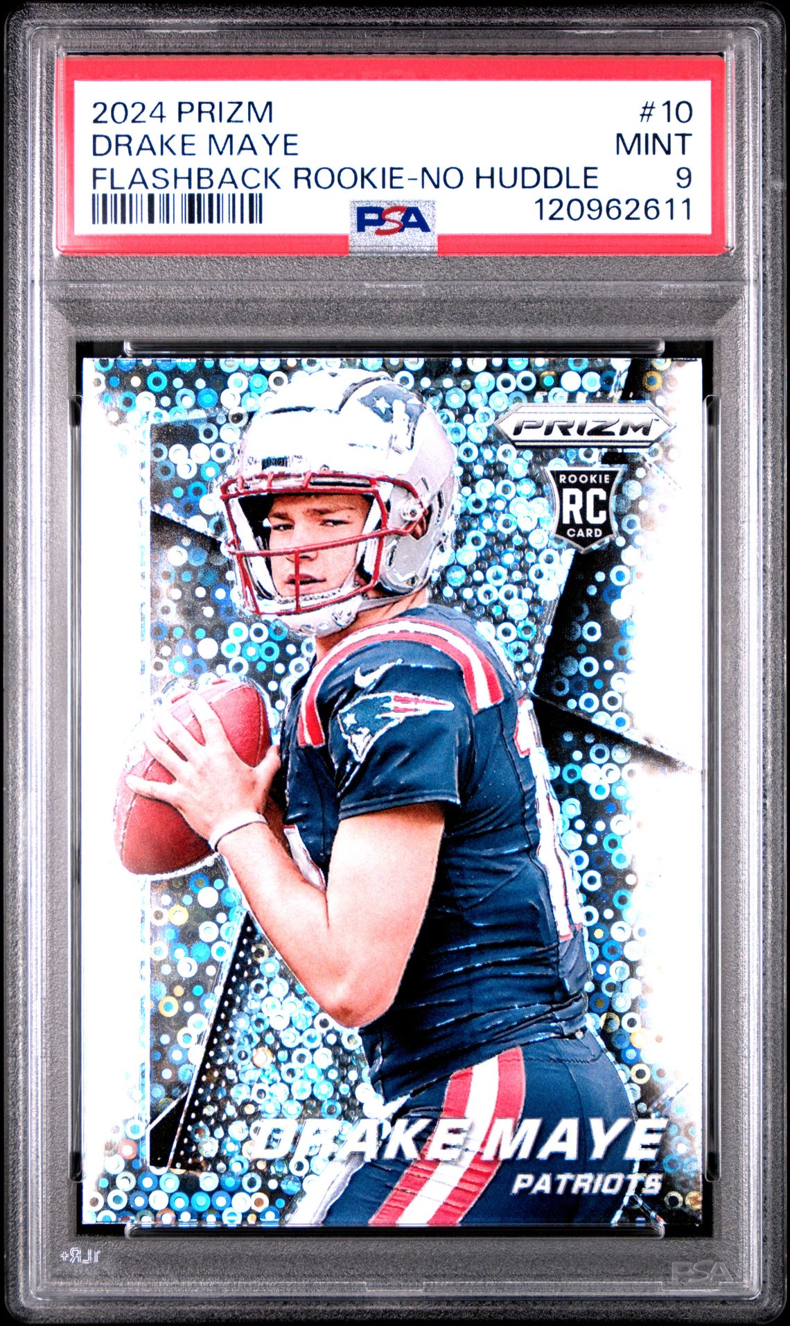 2024 Panini Prizm Prizm Flashback Rookie Drake Maye #10 (Flashback Rookie-No Huddle) Mint 9 front
