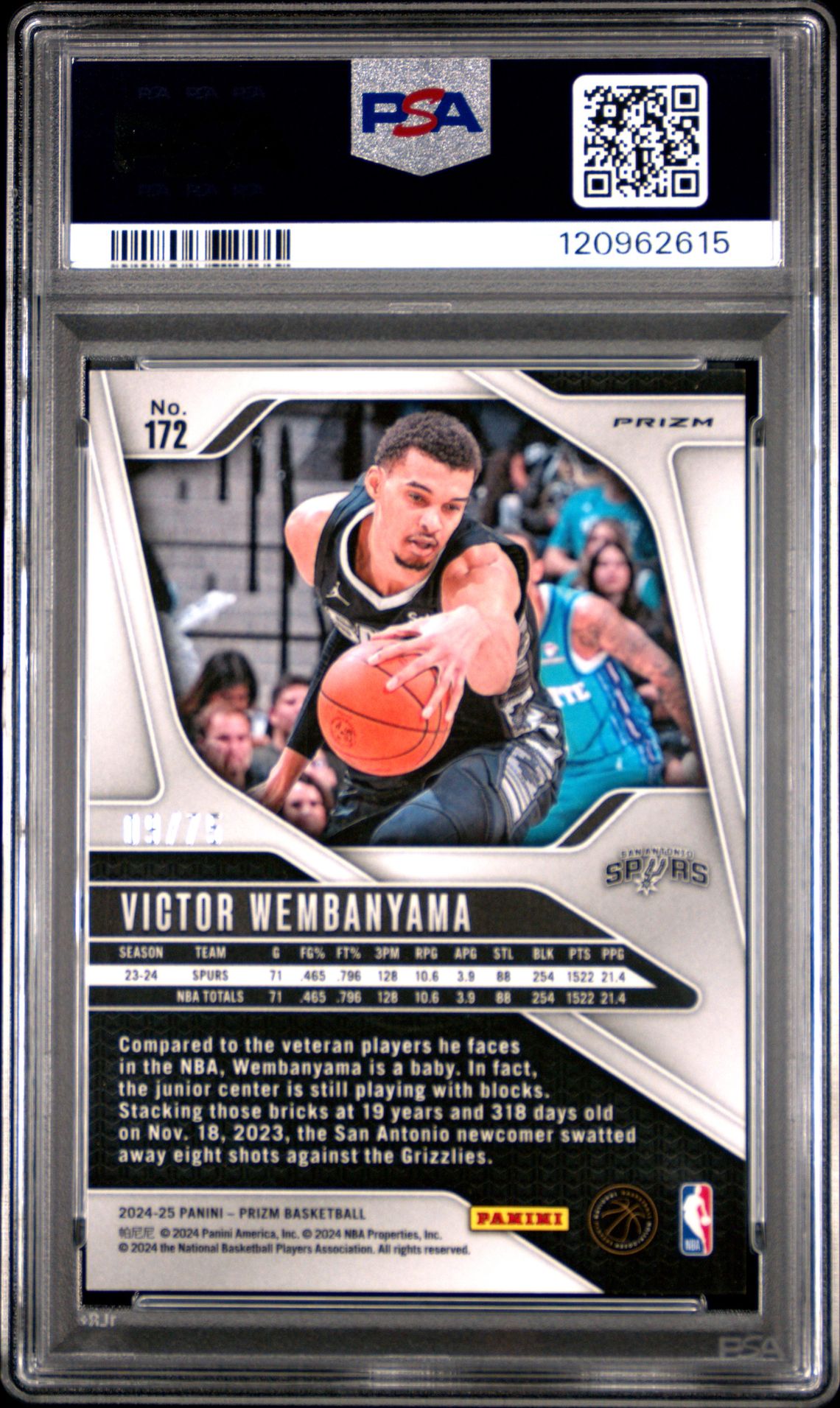 2024 Panini Prizm Victor Wembanyama #172 (Red Power) Gem Mt 10 back