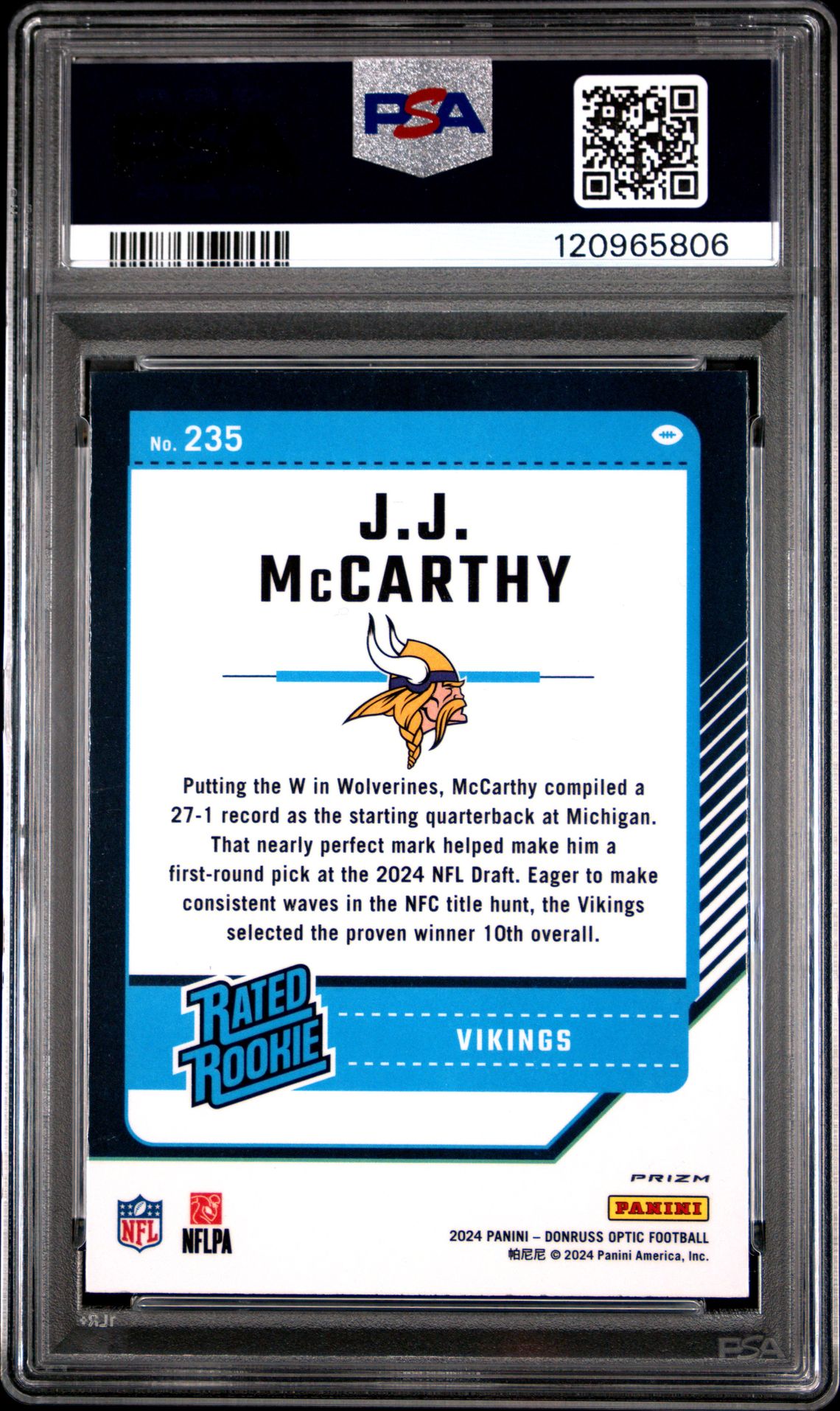 2024 Panini Donruss Optic Jj Mccarthy #235 (Pink) Nm 7 back