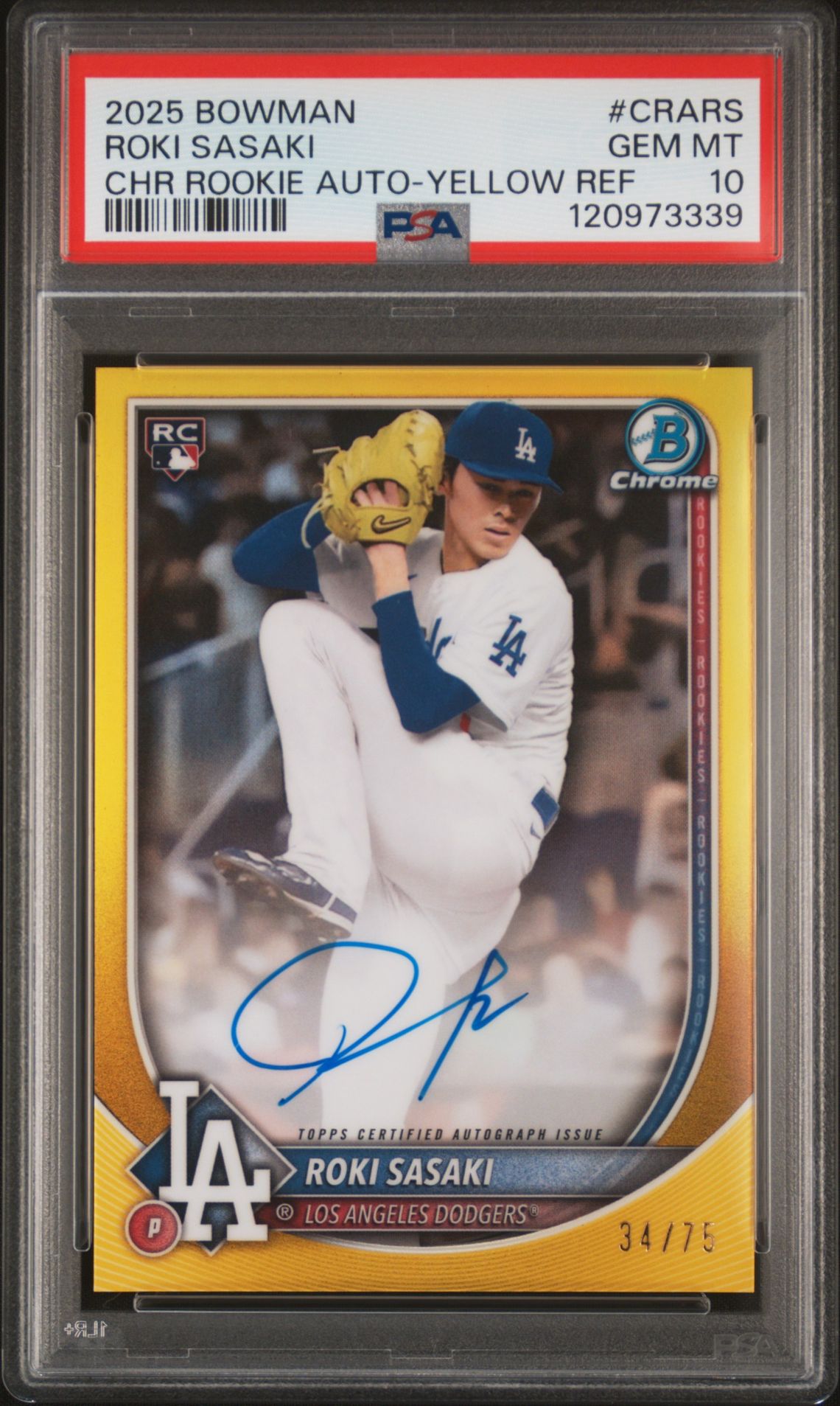 2025 Bowman BOWMAN CHROME ROOKIE AUTOGRAPHS CHR ROOKIE AUTO-YELLOW REF #CRARS Roki Sasaki front