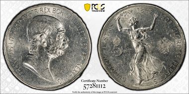 1908 5 Cor KM-2809  Ag AU58