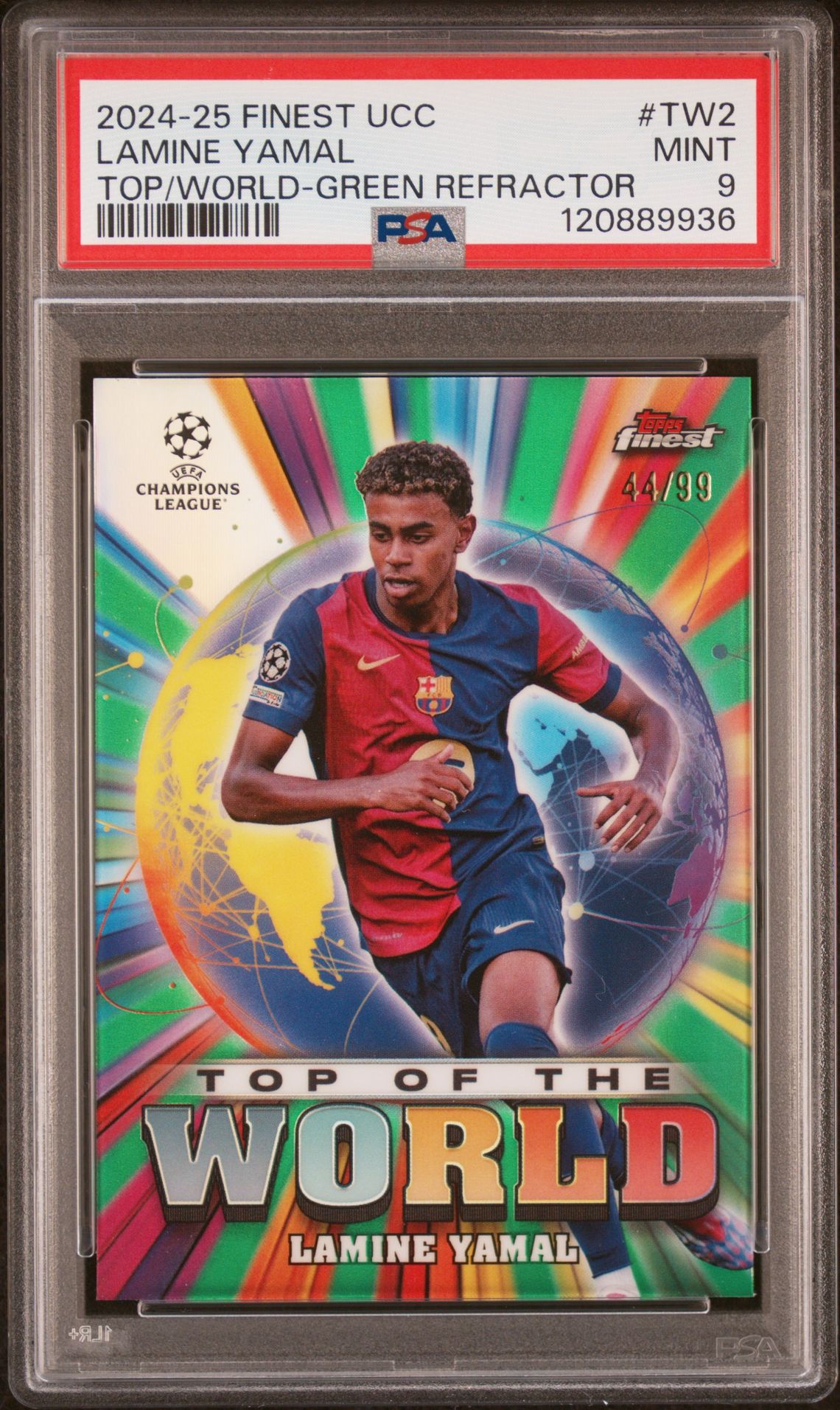 2024-25 Topps TOPPS FINEST UEFA CLUB COMPETITIONS TOP OF THE WORLD TOP/WORLD-GREEN REFRACTOR #TW2 Lamine Yamal front