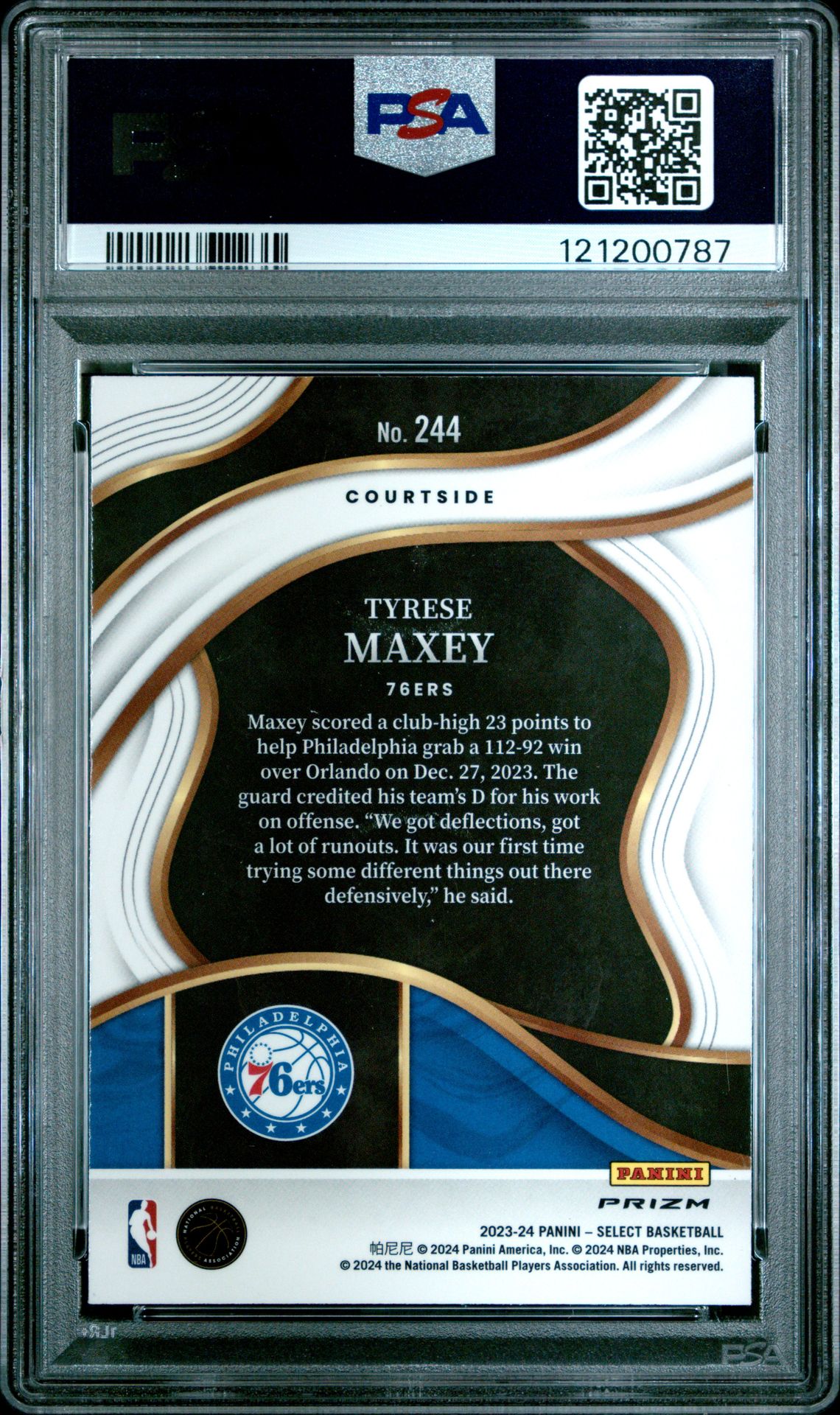 2023 Panini Select Tyrese Maxey #244 (Tiger Prizm) Gem Mt 10 back