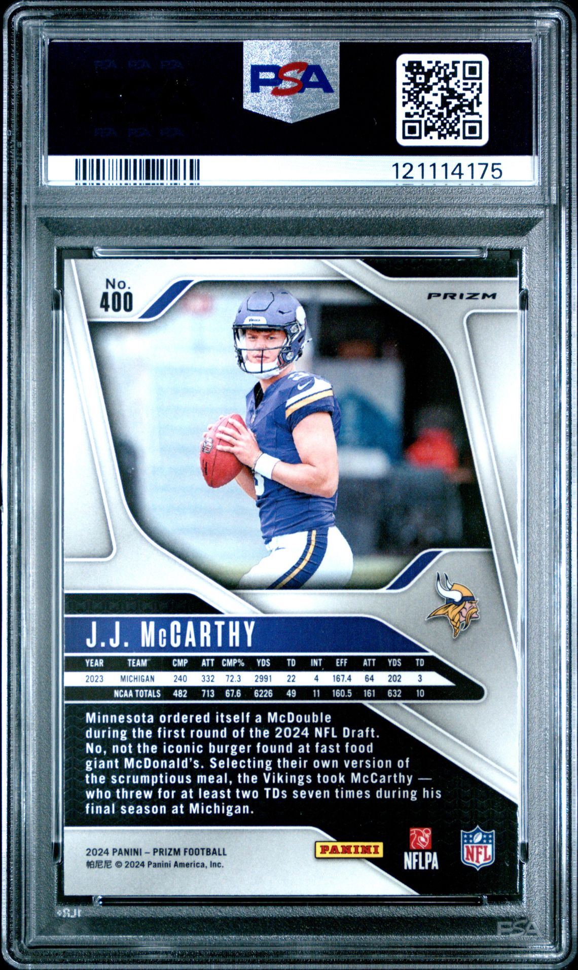 2024 Panini Prizm Jj Mccarthy #400 (Lazer Prizm) Gem Mt 10 back