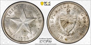 1934 Peso KM-15.2  Ag MS63