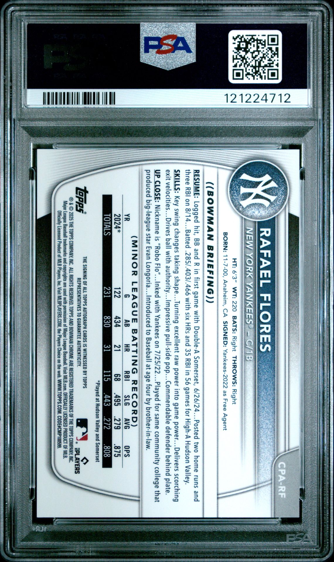 2025 Bowman Chrome Prospect Autographs Rafael Flores #Cparf (Chrome Prospect Au-Mini Dia) Gem Mt 10 back