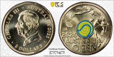 2025 $2 Women’s Australian Open Yellow Envelope Privy Colorized MS69