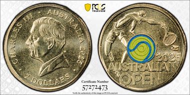 2025 $2 Men’s Australian Open Yellow Envelope Privy Colorized MS69