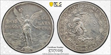 1921-Mo 2 Peso Centennial, 9 Tail F. KM-462  Ag N1