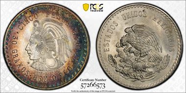 1948-Mo 5 Peso Cuauhtemoc KM-465  Ag MS64