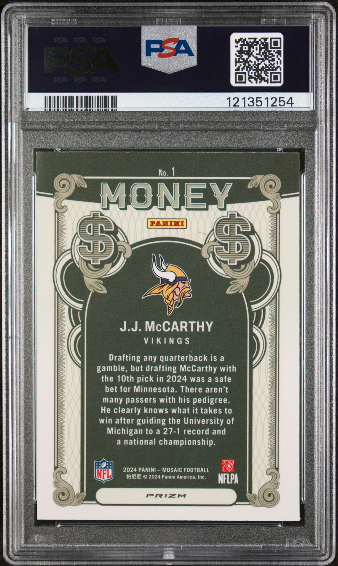 2024 Panini Mosaic Money Jj Mccarthy #1 Gem Mt 10 back
