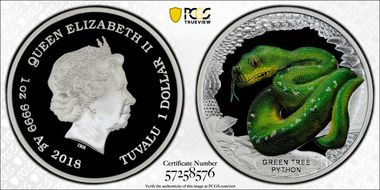 2018 $1 Green Tree Python Colorized Australia's Remarkable Reptiles PR70DCAM