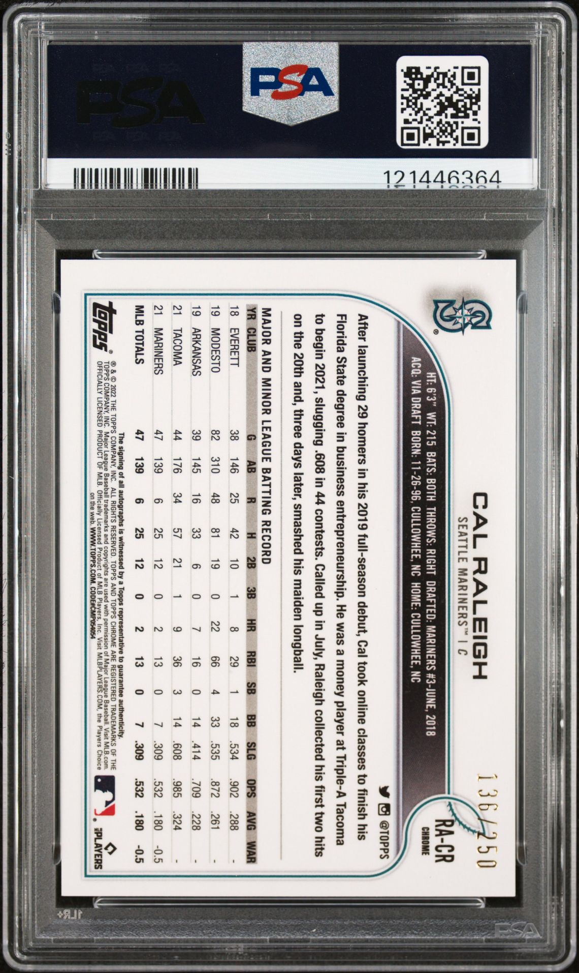 2022 Topps Chrome Rookie Autographs Cal Raleigh #Racr (Rookie Auto-Purple Ref.) Mint 9 back