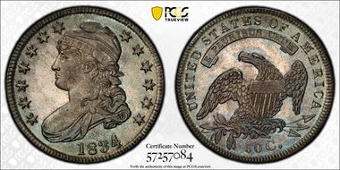 1834 50C Large Date, Small Letters MS65