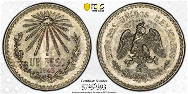 1943-M Peso KM-455 Ag MS65