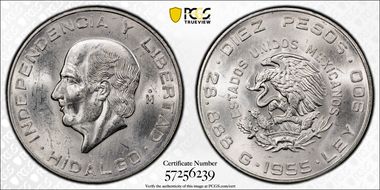 1955-Mo 10 Peso Hidalgo KM-474  Ag MS63