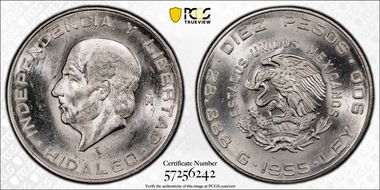 1955-Mo 10 Peso Hidalgo KM-474  Ag MS64
