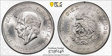 1955-Mo 10 Peso Hidalgo KM-474  Ag MS64