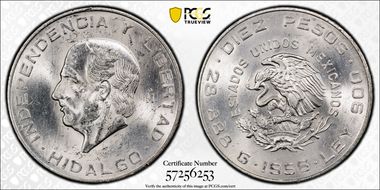 1956-Mo 10 Peso Hildago KM-474  Ag MS63