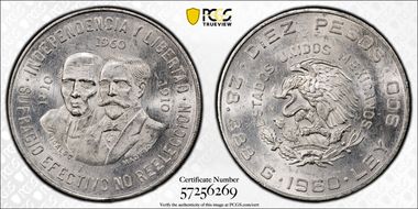 1960-Mo 10 Peso 150th Anniversary KM-476  Ag MS63