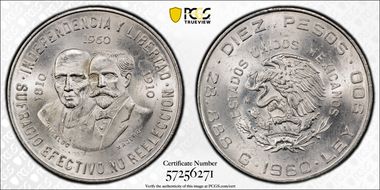 1960-Mo 10 Peso 150th Anniversary KM-476  Ag MS64