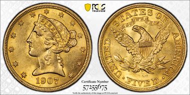 1907 $5 MS62