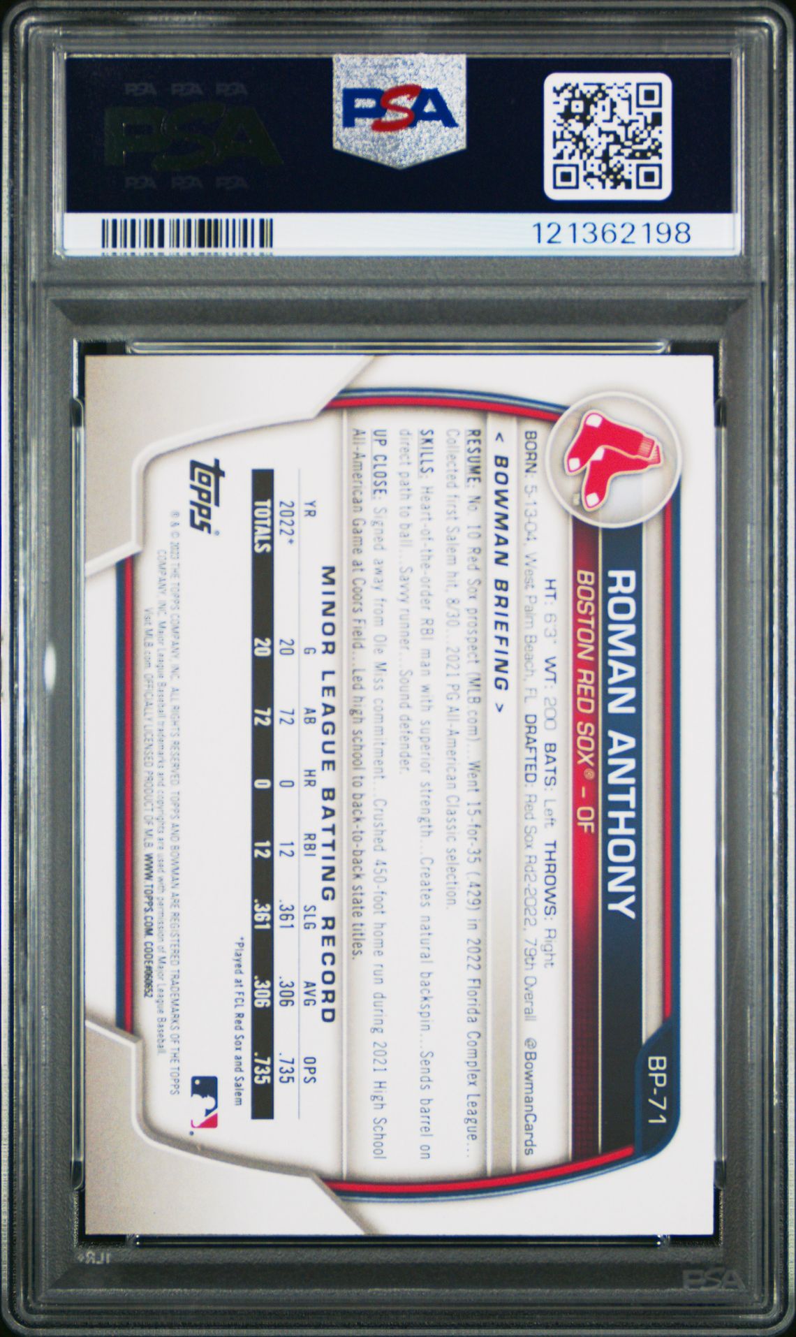 2023 Bowman Paper Prospects Roman Anthony #Bp71 (Paper Prospects-Pink) Gem Mt 10 back view - PSA certificate #121362198