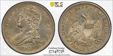 1839 50C Capped Bust AU55