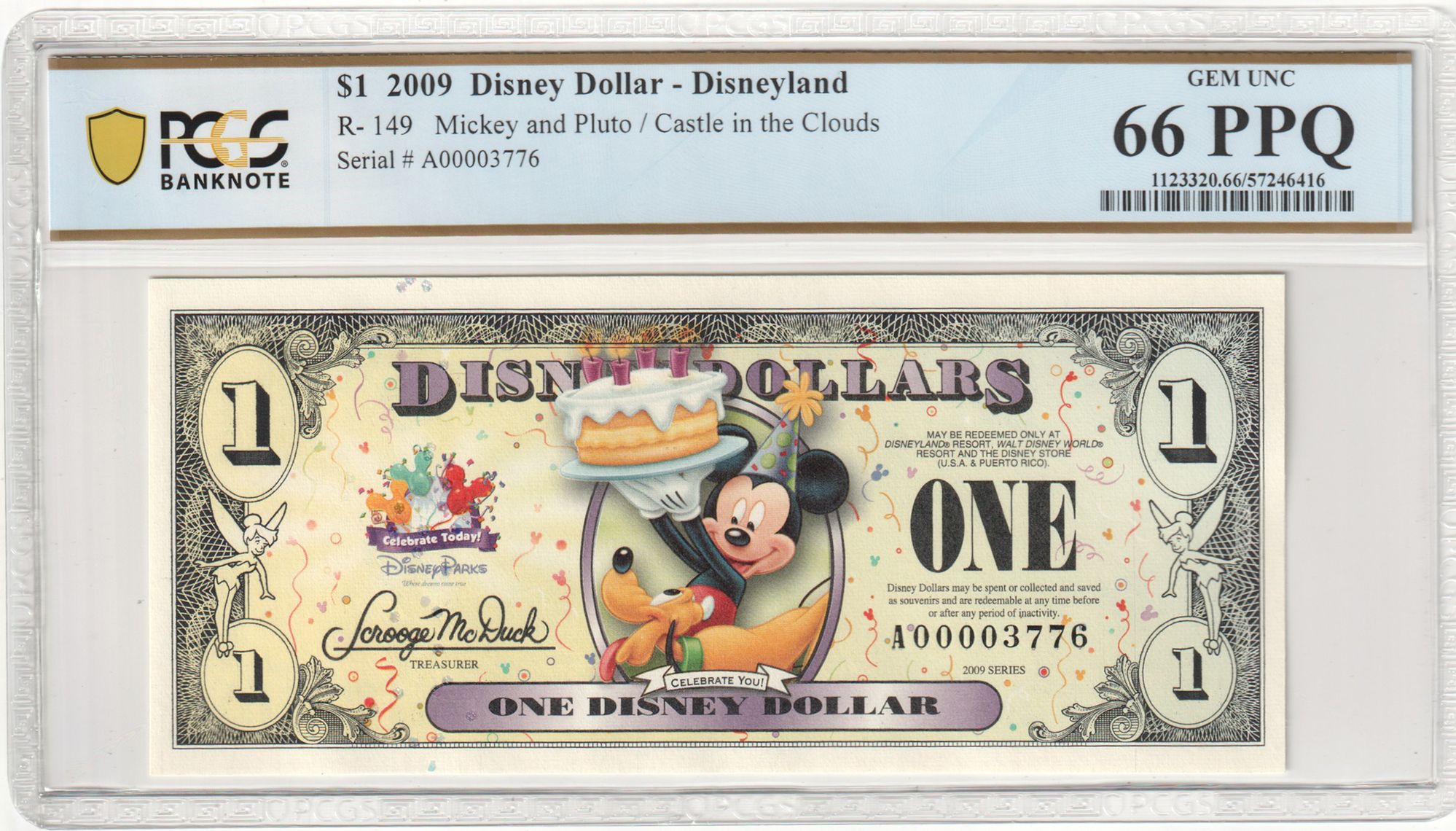 2009 R-149 $1 Disney Dollar Mickey and Pluto / Castle in the Clouds PCGS Graded 