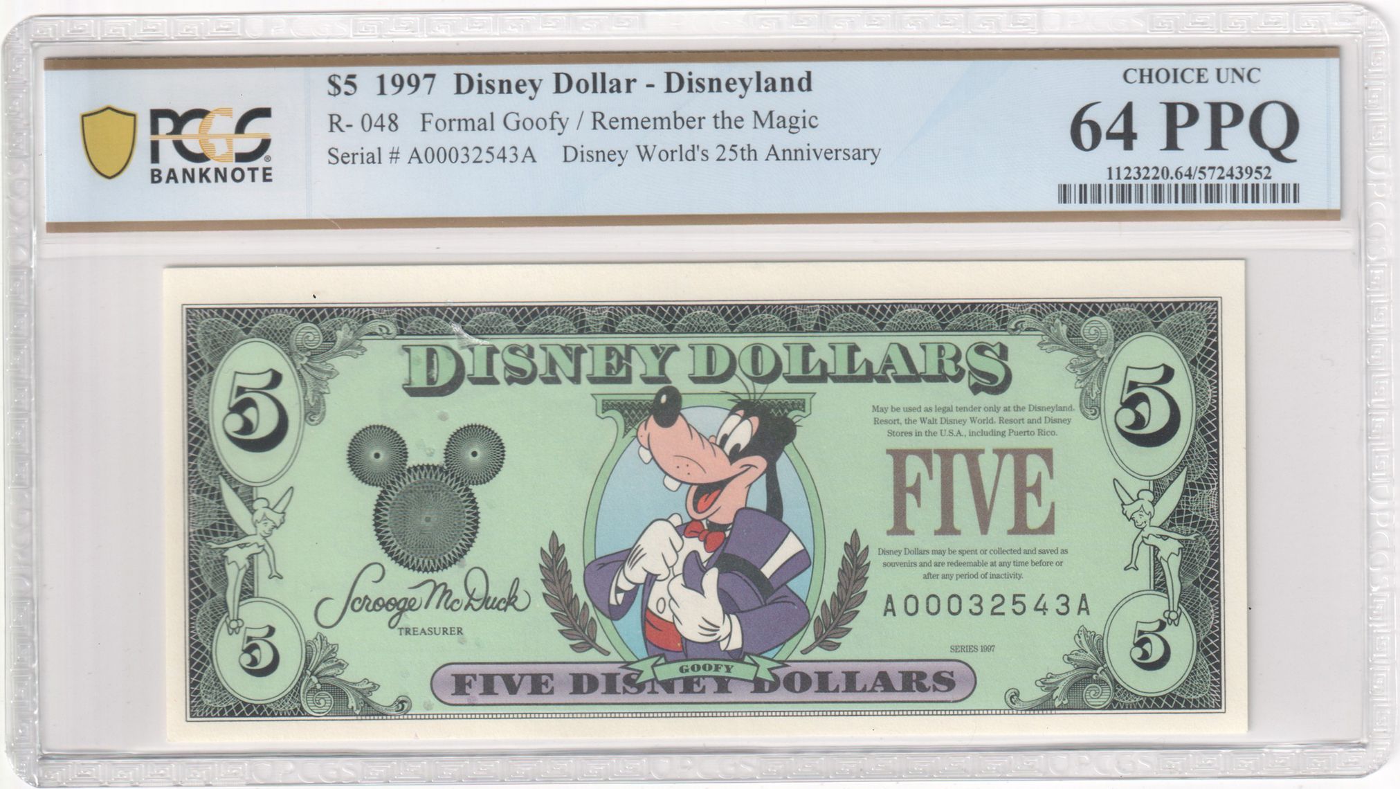 1997 R-048 $5 Disney Dollar Fomal Goofy/Remember the Magic PCGS Graded 64 PPQ