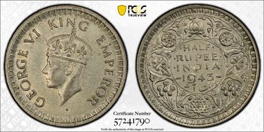 1943(B) 1/2 Rup SW-9.58 Dot AU55