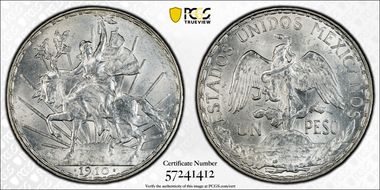1910 Peso Caballito KM-453  Ag MS64