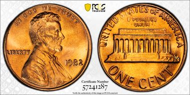 1982 1C Bronze, Large Date MS67RD