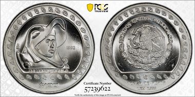 1992-Mo 100 P Guerrero Aguila KM-556  Ag MS65