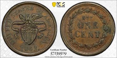 1863 CWT F-197/380a, Not One Cent AU58BN
