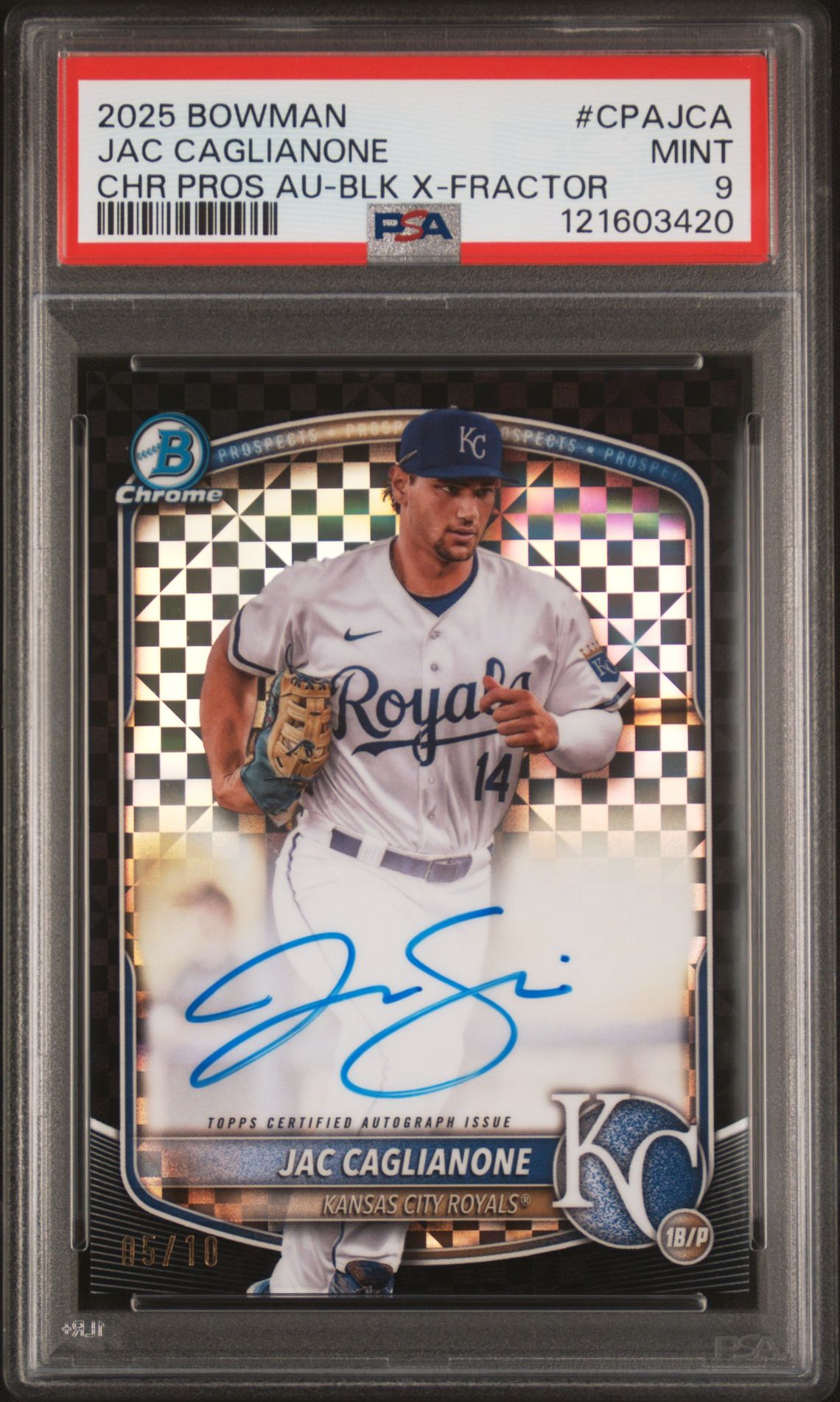 2025 Bowman BOWMAN CHROME PROSPECT AUTOGRAPHS CHR PROS AU-BLK X-FRACTOR #CPAJCA Jac Caglianone front